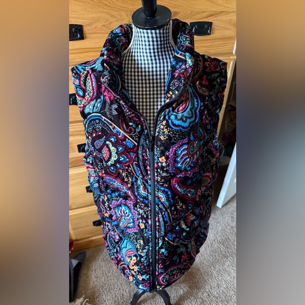 Lands' End Quilted Paisley Vest in Black with Blue & Pink Accents